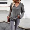 Autumn Winter Women Solid Color V Neck Knit Sweater Long Sleeve Top
