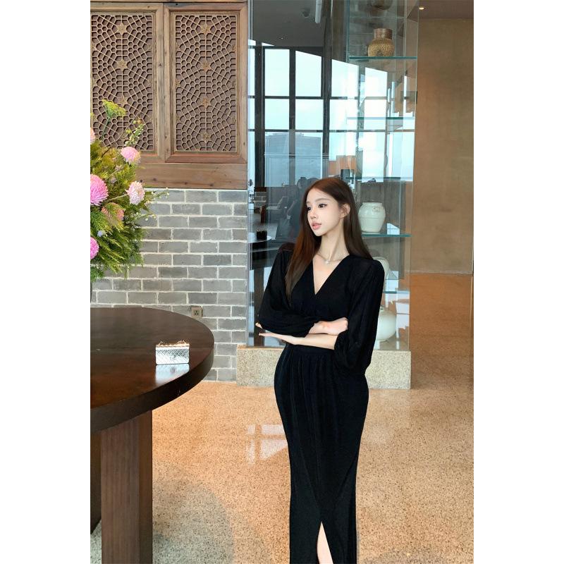 

Early Spring Pure Desire Mesh Dress: Top Collar, Puff Sleeves, Waist Darts, Pleated Slit Skirt Small