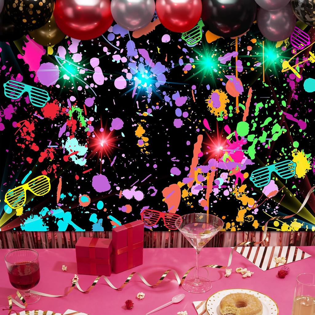 Avezano Neon Glow in The Dark Backdrop Paint Splatter Graffiti Glow Party 80s 90s Themed Birthday Background Colorful Neon Party Birthday Backdrops