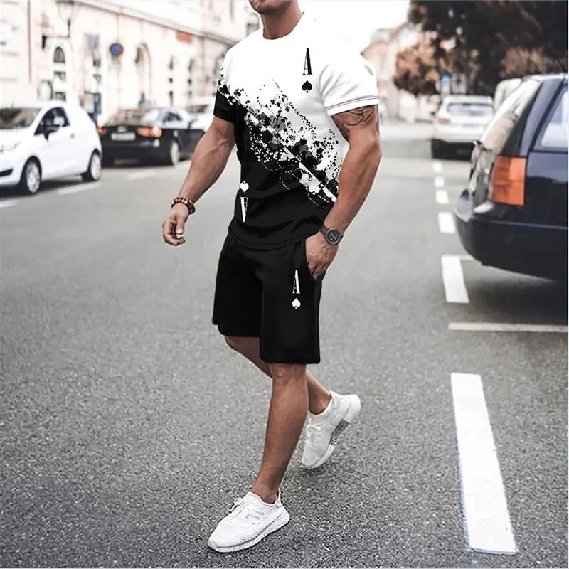 Nejnovější pánská sada trička s 3D gradientem a kraťasů, krátký rukáv, kulatý výstřih, ležérní a módní, skateboardové sportovní oblečení