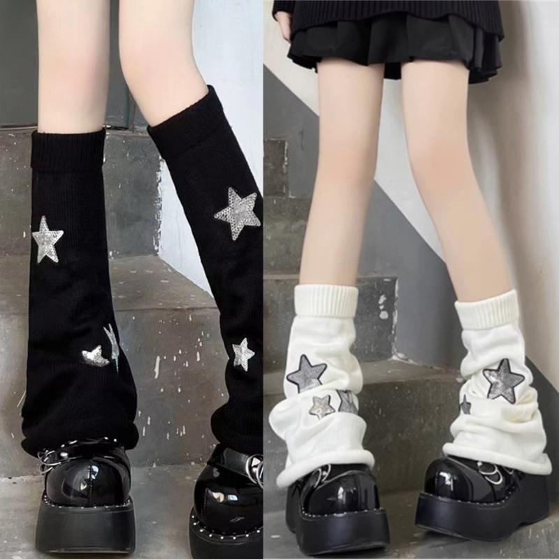 Pierneras Lolita para Niñas Y2K Estrella Tejidas Mangas de Pierna Acampanadas Puño Holgado Gótico Calcetines Tobillo Montón Cubre Pies Uniforme JK