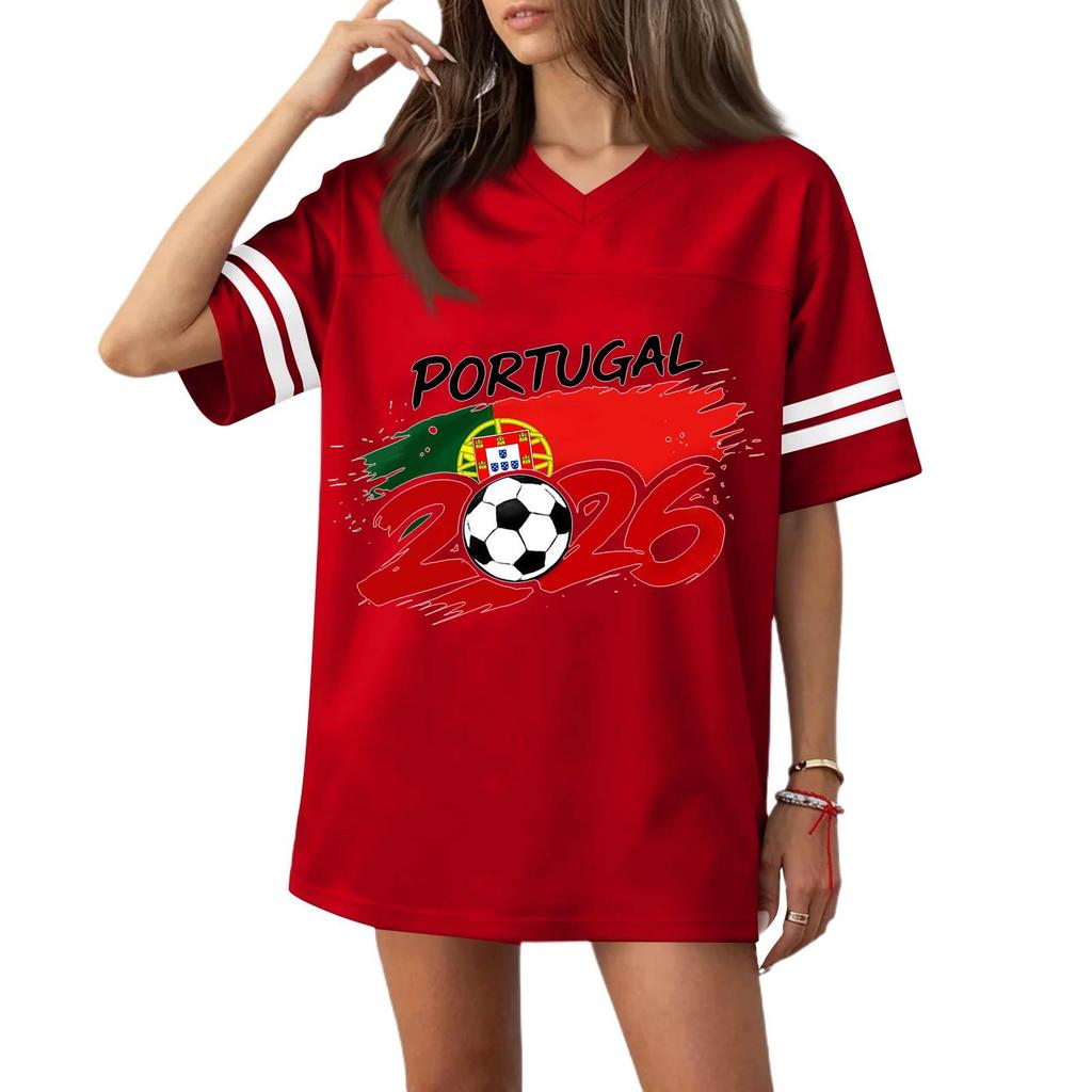 Women's Casual V Neck Short Sleeve Football Jersey Top with Flag Print and 2026 Soccer Graphic for Sports and Wear