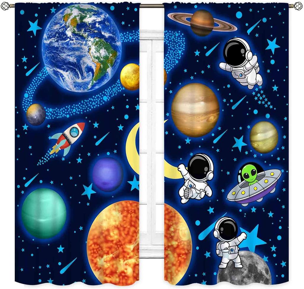 Space Curtains Kids Boys Solary System Universe Outer Planet Astronaut Galaxy Window Drapery Treatments Curtain Light Blocking Polyester