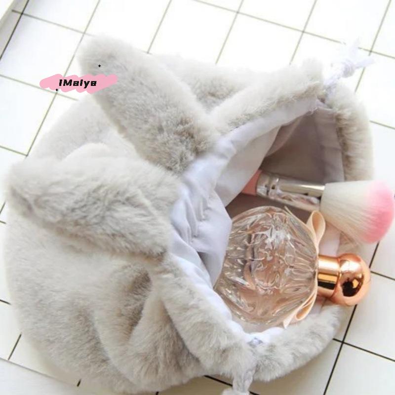 M-1Pcs Pocket Drawstring Bag Cute Bunny Plush Rabbit Ear Pouch With Fluffy Tail-Like Tassel Sweet Kawaii Makeup Bag Accessory