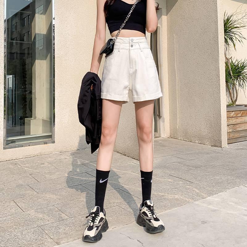 Wygodne Obcisłe Modne i Wszechstronne Białe Jeansowe Szorty z Bardzo Wysokim Stanem Damskie Letnie Podwójna Klamra Podwinięty Brzeg Luźne Szerokie Nogawki Spodnie o Kroju A