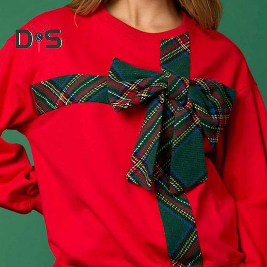 Christmas Hoodie Women O-Neck Long Sleeve Plaid Print Bowknot Decor Sport Tops Loose Fit Casual Pullover Tops