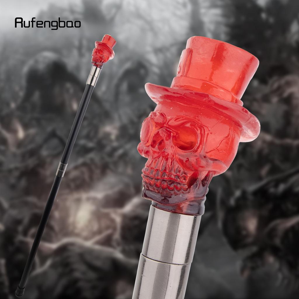 Red Hat Transparent Resin Skull Head Walking Cane Fashion Decorative Steel Stick Gentleman Performance Stage Cane 93cm