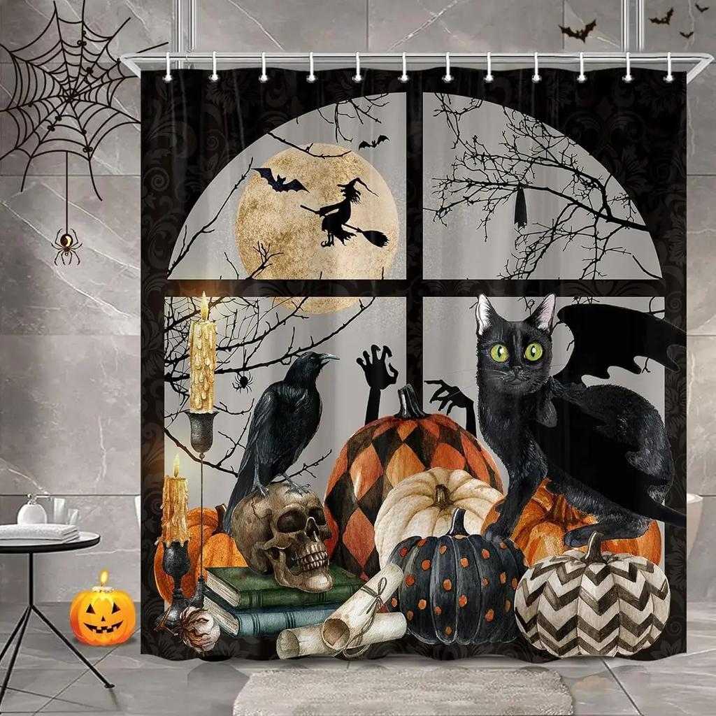 Halloween Scary Spooky Shower Curtain Pumpkin Bat Spider Scary Skeleton Holiday Gift Shower Curtains Bathroom Decor with Hooks