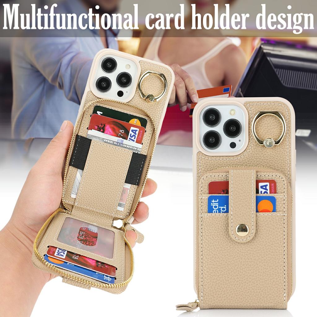 For iPhone 13 Pro Max/12 Pro Max Case with Zipper Pouch/Ring Kickstand/Strap Litchi Texture PU + TPU Phone Cover