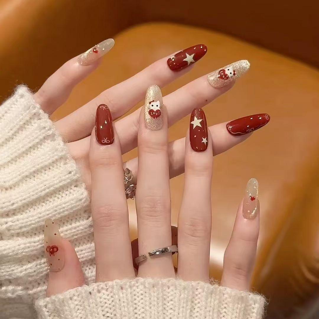 

Handmade Red Cat Eye Press-On Nails - Cute Kitty New Year Series SG-251 [10 Pieces, Medium Size]