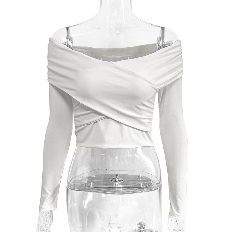 Damska seksowna bluzka z głębokim dekoltem w serek, długimi rękawami, plisami i odkrytymi ramionami