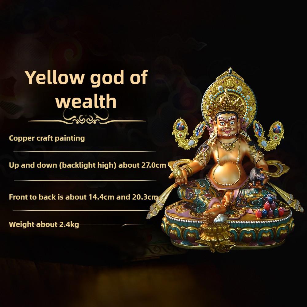 Nepal Handmade Tibetan Buddha Statue Painted Yellow Jambhala Pure Copper Wealth God 7 inch 10 Inch