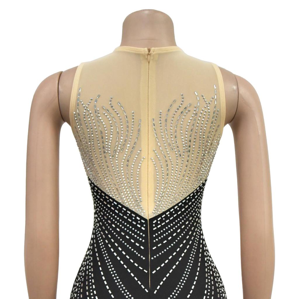 European and American Fashion Women's Sleeveless Rhinestone Round Neck Long Dress