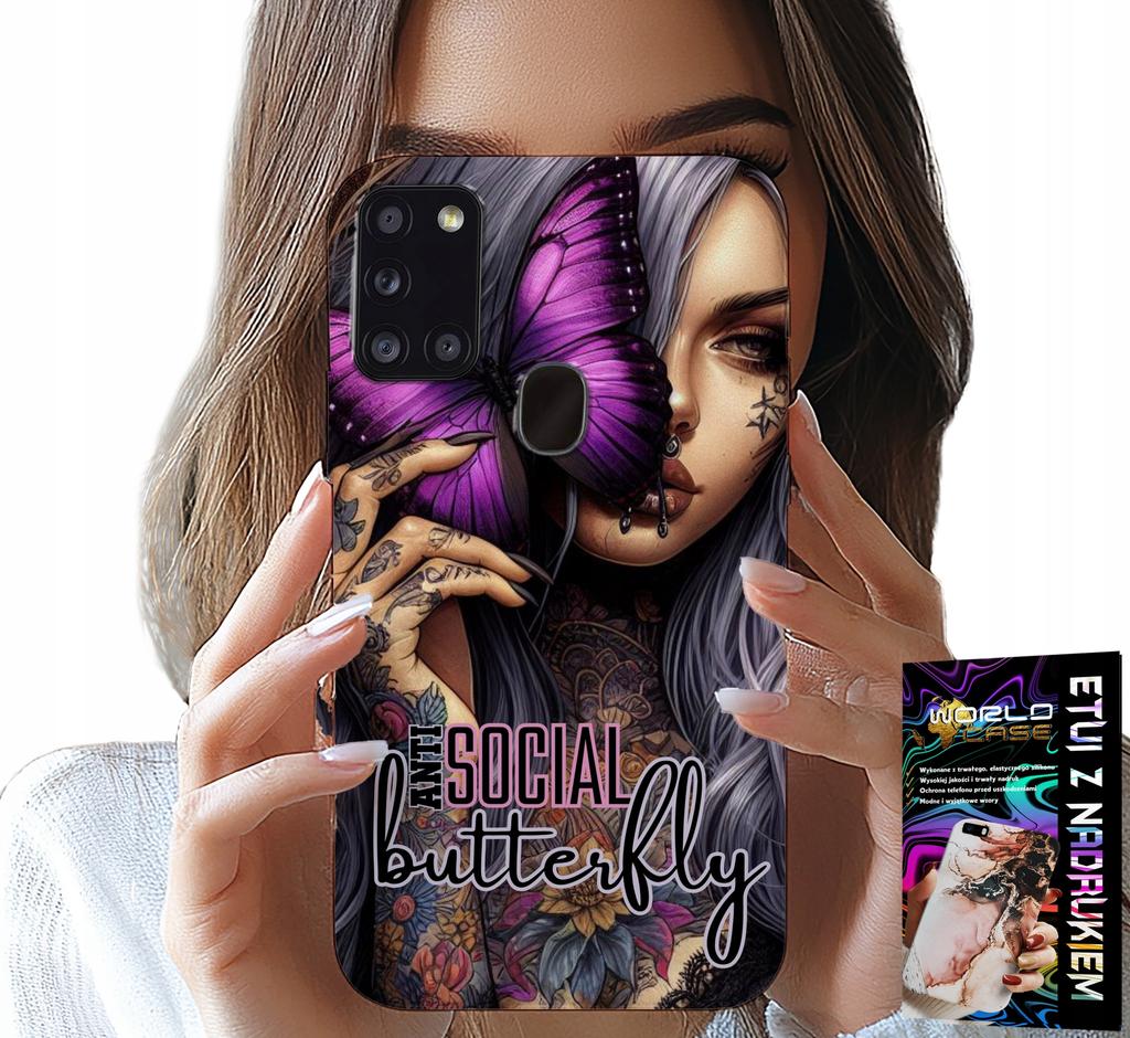 Etui Do Samsung Galaxy A21S - Anti Social Butterfly Różowy Motyl + Szkło