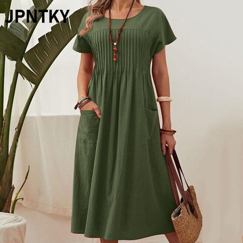 JPNTKY Women's Fashion Casual Solid Color Print Short Sleeve O-Neck Dress