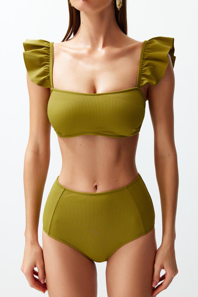 Women's New Season Bikini Set Orange Bralette Frilly Textured High Waist Hipster Bikini Set