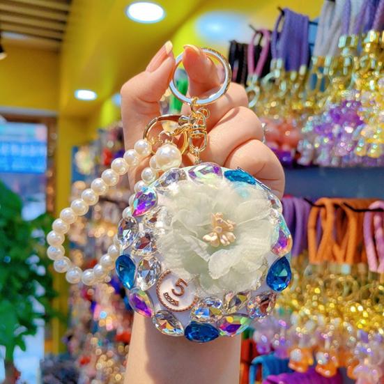 Women Folding Mirror Keychain Portable Make-up Mirror Pendant Rhinestones Faux Pearl Double-Sided Mirror