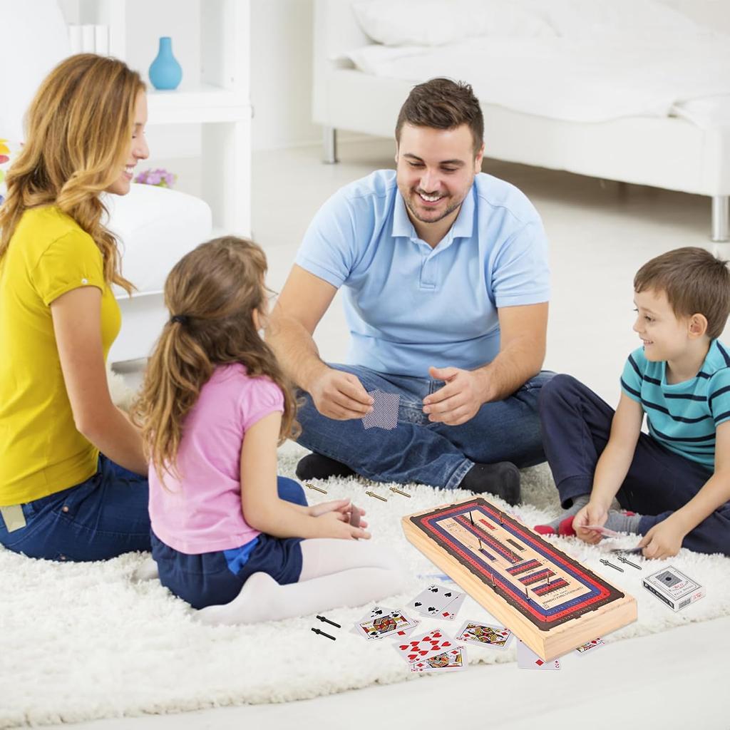 Cribbage Board Game Set, 3 Tracks Wooden Cribbage Board with Larger Storage Area, 1 Playing Card and 18 Metal Pegs, Travel Cribbage Board for Kids