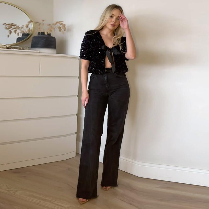 Bow Tie Lace Up Sequin Top Women's Short Sleeved V-neck Shirt Sweet Solid Color Blouses 2025 Spring and Summer Fashion