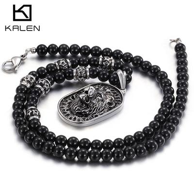 Accessories Titanium Steel Exaggerated Lion Head Pendant Ethnic Style Buddha Beads Beaded Men'S And Women'S Long Necklace Sweater Chain