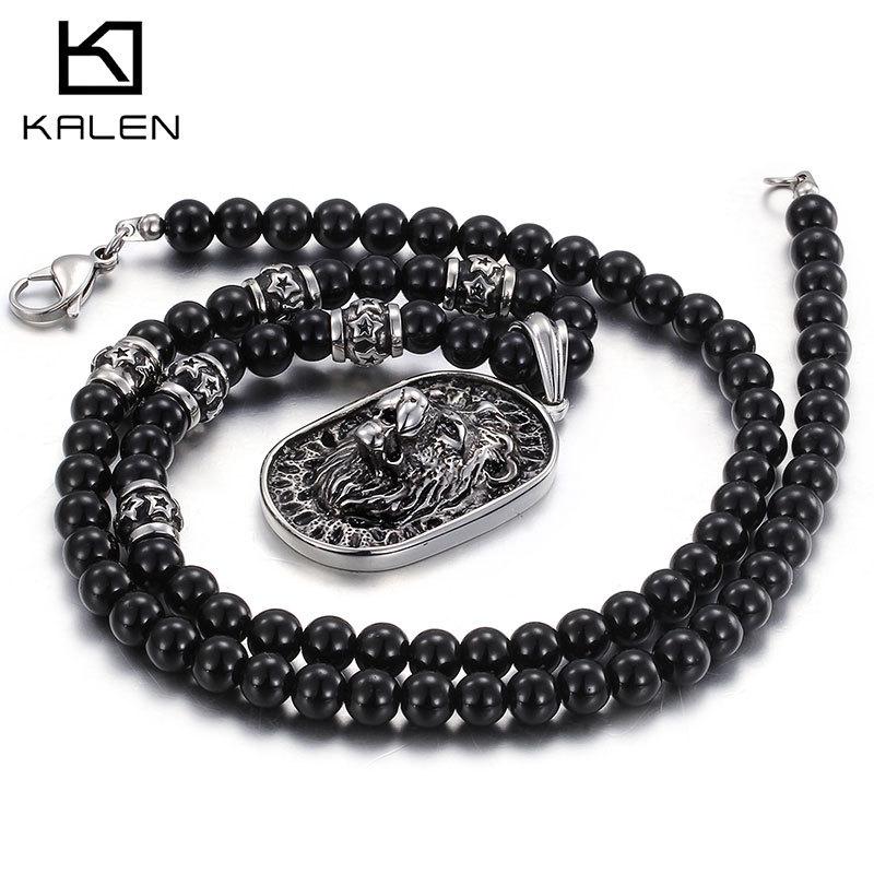 Accessoires Titanstahl Übertriebener Löwenkopf Anhänger Ethnischer Stil Buddha-Perlen Perlenkette für Herren und Damen Lange Kette Pulloverkette