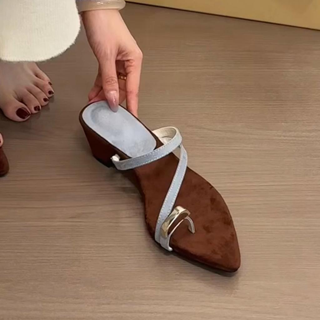 Sheepskin~ Pointed Open-toed Sandals Women's Summer Wear Retro Leather Cover Toes with Thick Heels and Cold Slippers