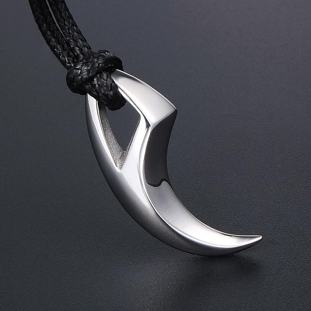 Punk Hip Hop Stainless Steel Crescent Tooth Spike Pendant Necklace Men Women Fashion Wolf Tooth Leather Rope Necklace Jewelry