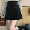 Winter 2025 Black Wool-Blend Pleated A-Line High-Waisted Short Skirt for Women (Petite)