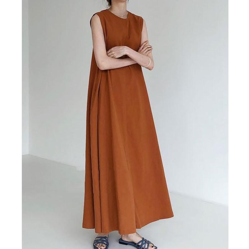 Johnature A-line Dresses Loose Korean Casual Solid Color Sleeveless Round Neck Dresses Women