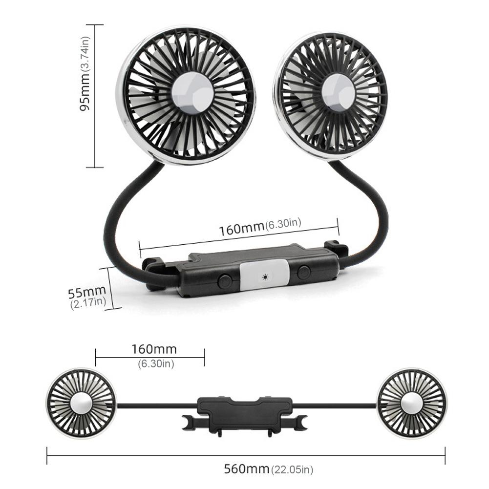 1-2PCS Car Seat Back Cooling Fan 1-3 Gears Wind 1-2 Gears Light 360 Rotation Dual Head Fan Type C Powered for Vehicles SUV RV