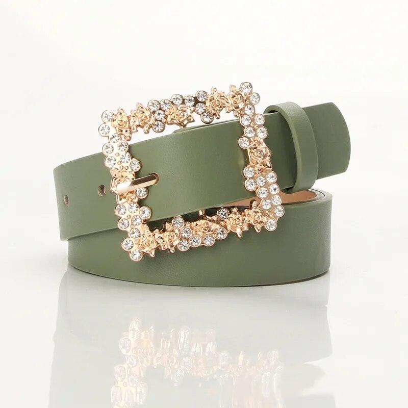 Fashionable Belts for Woman Gold Color Metal Floral Rhinestone Buckle Simple Practical Solid Color PU Belts