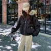 American retro black hooded long-sleeved cotton-padded jacket for women's winter loose fur collar piled thickened jacket green cotton-padded jacket