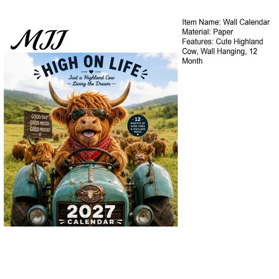 Office Schedule Organizer 2027 Funny Highland Cow Wall Calendar, Cute Farm Animal 12 Month Calendar Scottish Hanging Planner for Rustic Home Decor