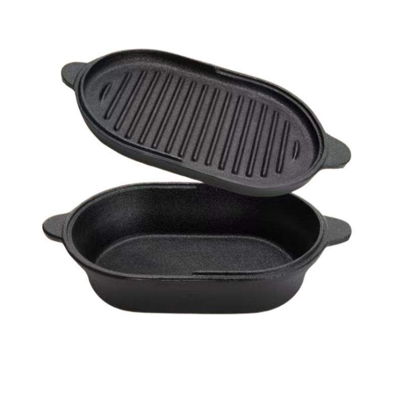 Oval Cast Iron Bread Baking and Stewing Pot - Multi-Functional, Dual-Use for Frying and Baking, Household Thickened Design.