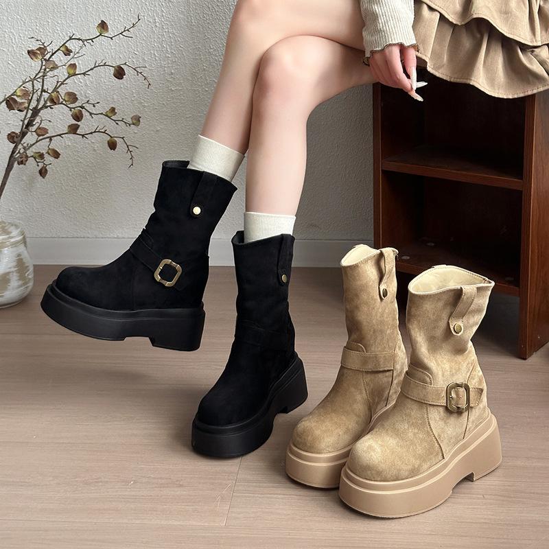 Autumn thin short boots inner height increase small versatile new women's boots short tube locomotive thick bottom short tube black