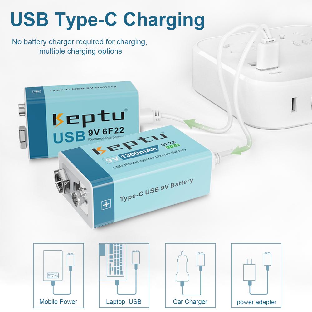 KEPTU 1300mAh 9V Li-ion Rechargeable Battery with Micro USB, 6F22 Lithium Battery for Wireless Microphone, RC Toys, and Gadgets