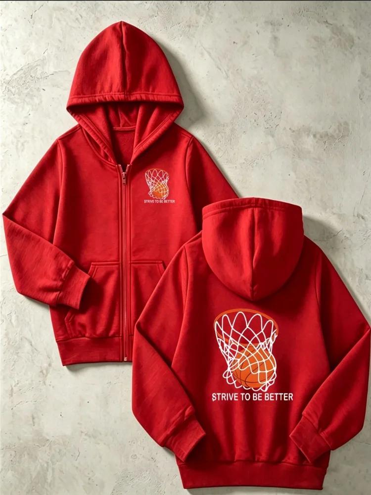 Boys Full Zip Hooded Sweatshirt Orange Basketball Net Graphic Inspirational Text Loose Daily Kids Outerwear With Front Pocket