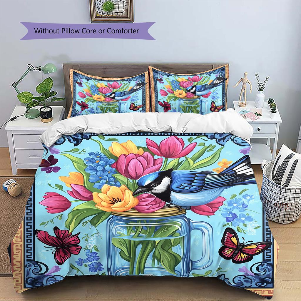 Blue Bird  Pattern Bedding Quilt Set  Home Decoration  Gift (1 * duvet cover + 2 * pillowcase, without core)