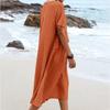 Women Casual Cotton Linen Short Sleeve Round Neck Solid Color Loose Pocket Beach Holiday Seaside Dress Skirt Summer