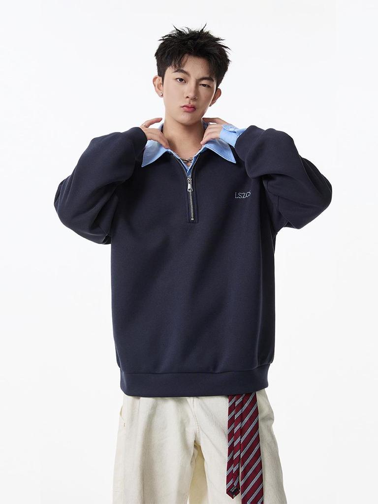 Unisex Heavyweight Faux Two-Piece Half-Zip Polo Sweatshirt, Autumn College Style, Lapel, Pullover, Loose Casual Top, Trendy.