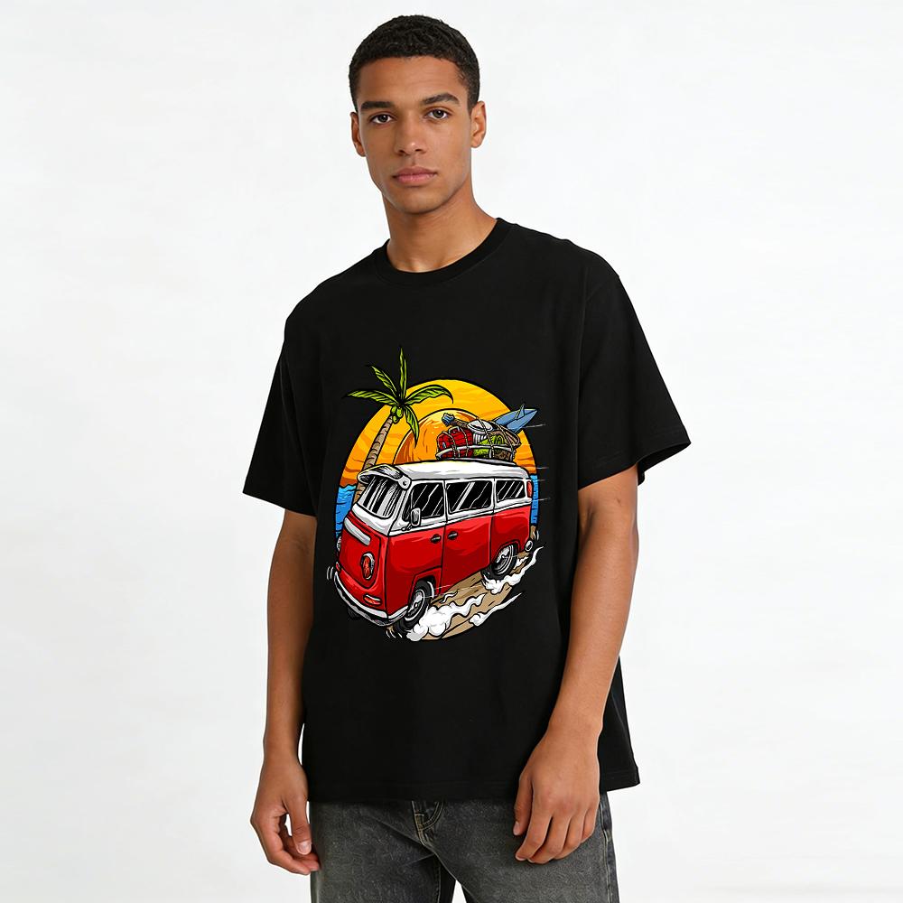 Vintage Camper Bus Beach Surf Print Casual Short Sleeve Tee Pure Cotton T-shirt