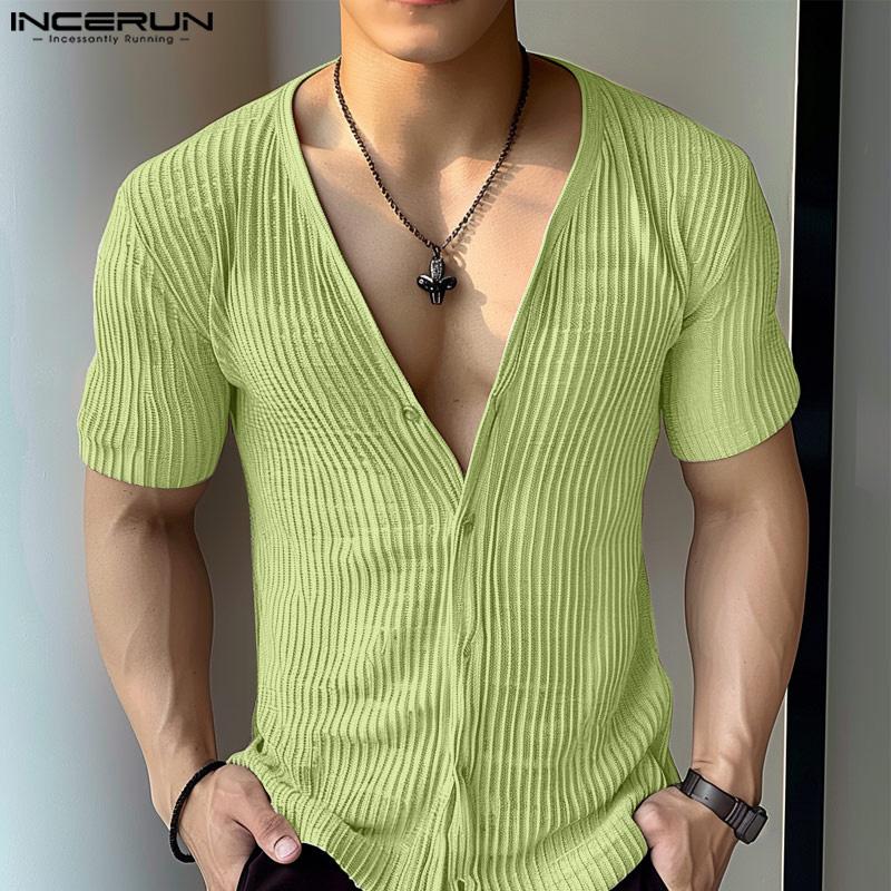 INCERUN Herren Kurzarm Button Up Deep V Neck Textured Tops T-Shirts