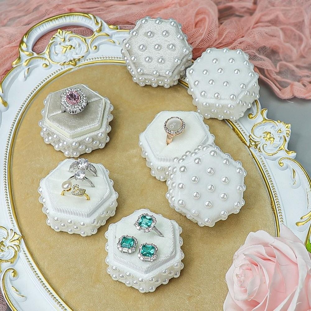 Pearl Velvet Ring Box 2/3 Slots Hexagon Elegant Jewelry Box with Detachable Lid Wedding Decor Rings Display Holder