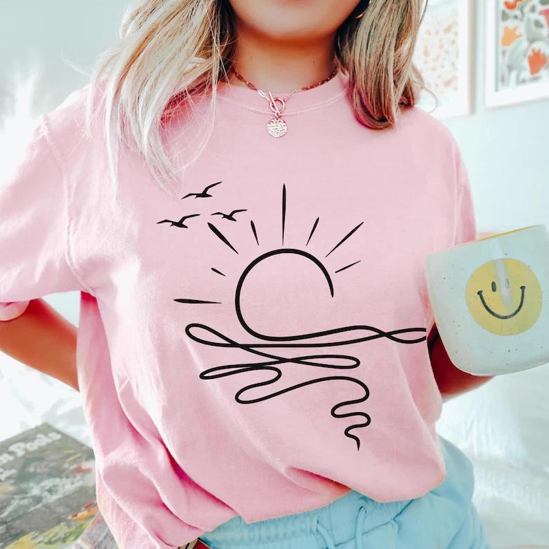 Minimal Sun Ocean Shirt Boho Beach Summer Graphic Tee S
