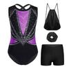 Kids Girls Gymnastics Dance Set Sleeveless Crisscross Back Shiny Rhinestones Color Block Metallic Leotard with Shorts Hairband and Drawstring Backpack