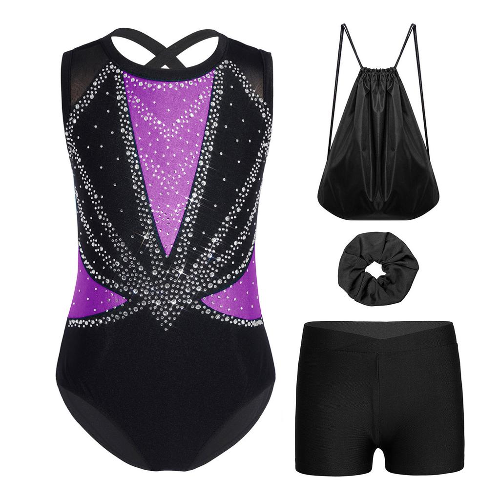 Kids Girls Gymnastics Dance Set Sleeveless Crisscross Back Shiny Rhinestones Color Block Metallic Leotard with Shorts Hairband and Drawstring Backpack