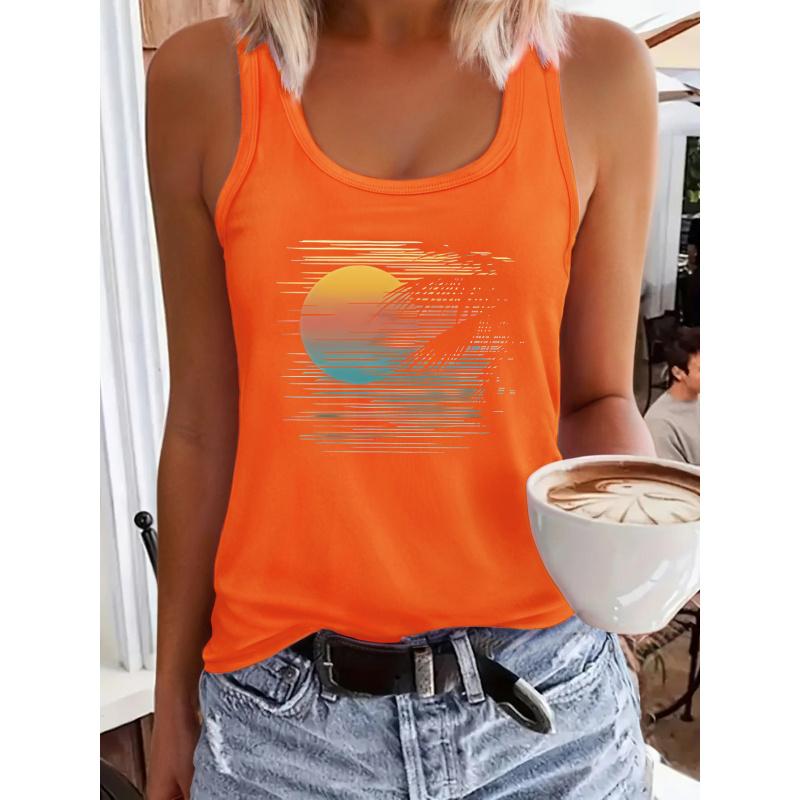 Coconut Tree & Sunrise Print Women's Casual Round-neck Sleeveless Graphic V-Neck Top, Summer Fashion Women's Wear