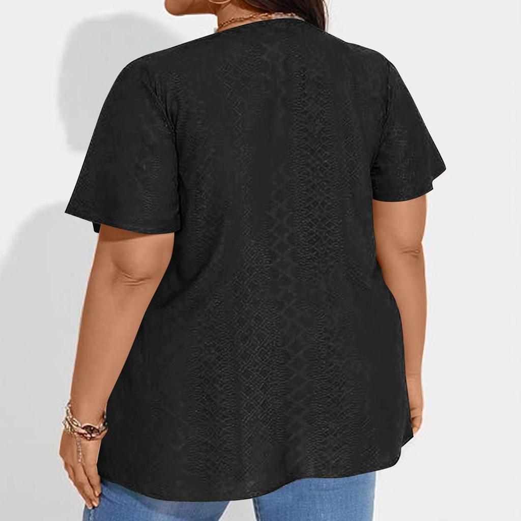 Plus Size Women's Fashion Casual Vintage Soild O-Neck Short Sleeve Button T-Shirt Top