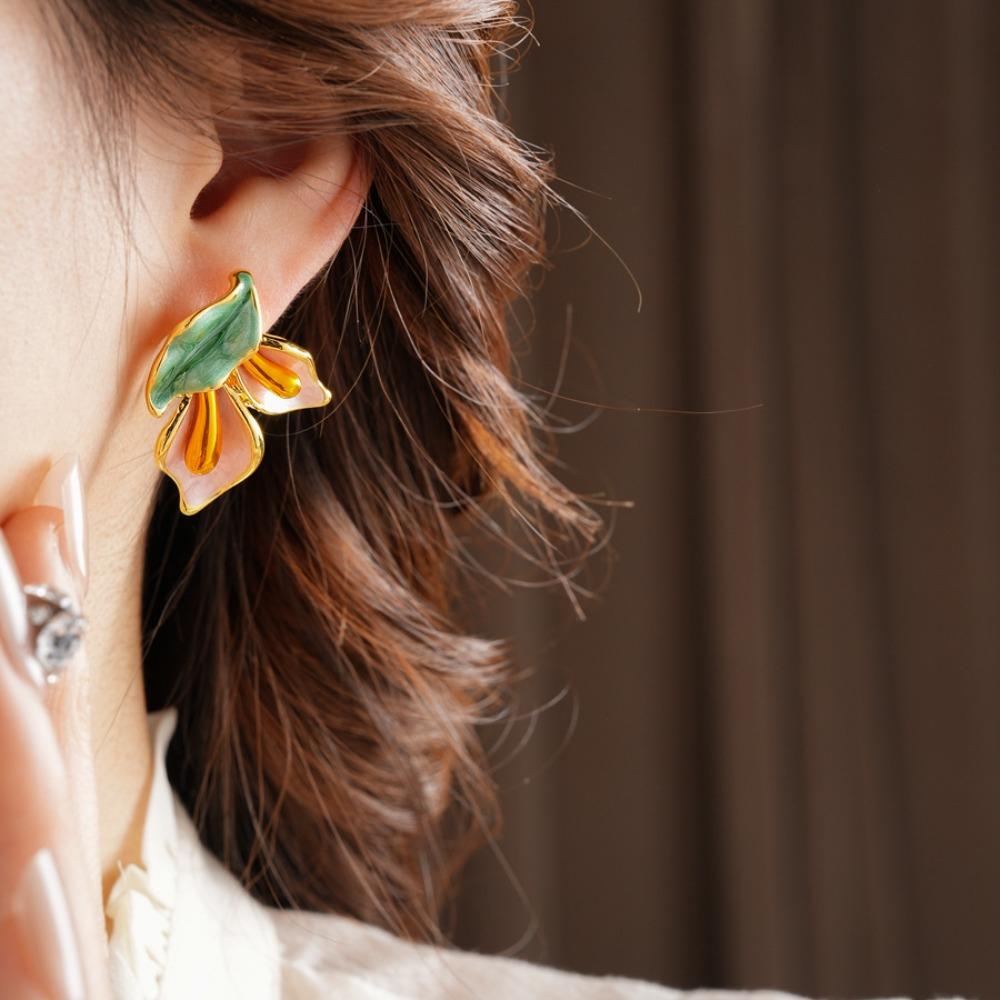 Light Luxury Flower Earrings Oil Drop Sweet Stud Earrings Trendy Vintage Earrings Women  Party