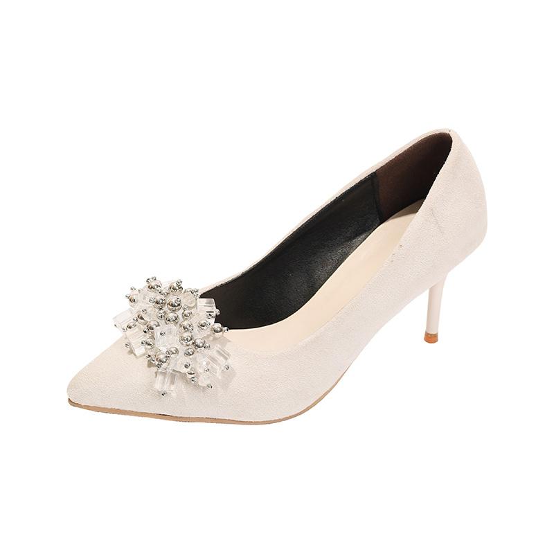 Fashion Women's Fashion Slim Heel Shoes Spring New Pointed Head Shallow Mouth Suede Crystal Anti-slip Wear-resistant High Heels